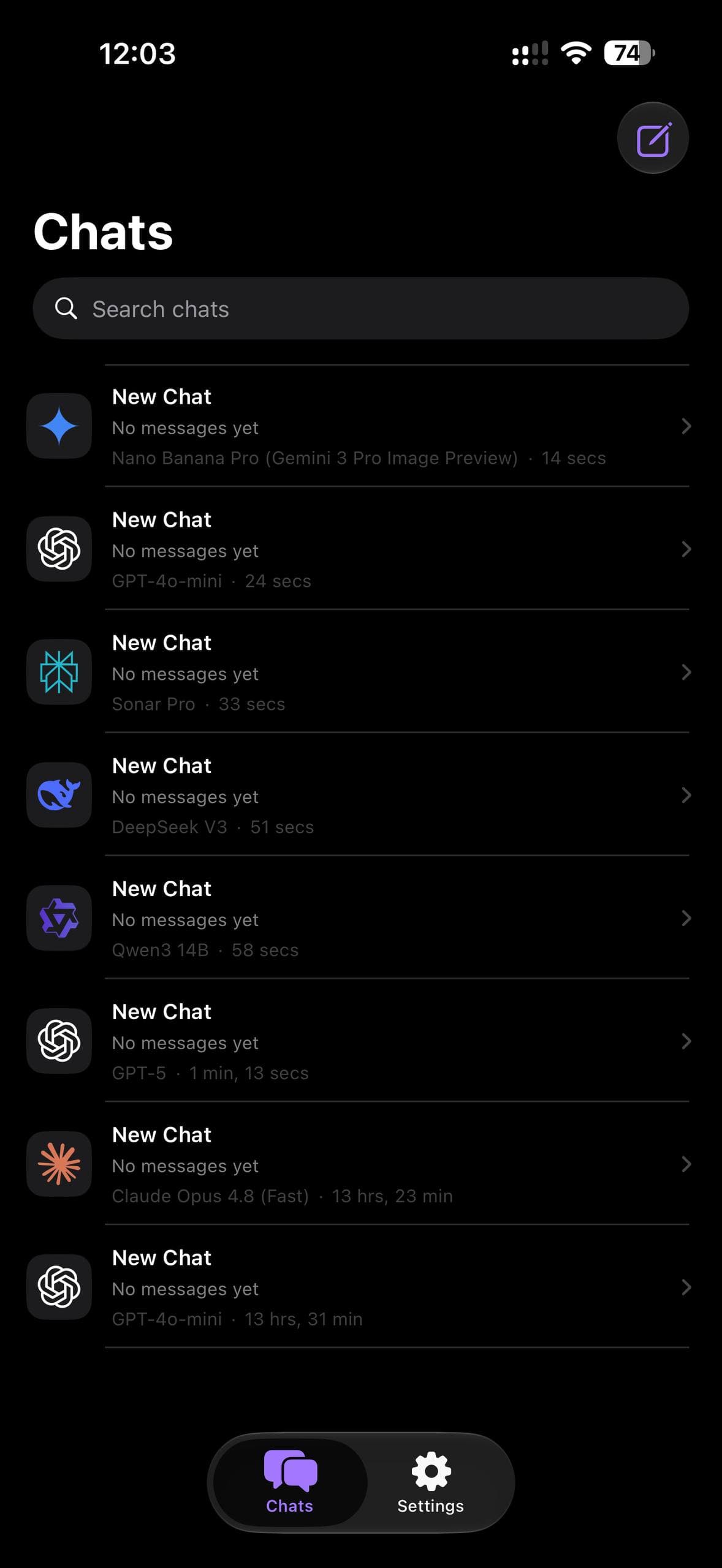 Prismara chat list with conversations across Gemini, GPT, Perplexity, DeepSeek, Qwen and Claude