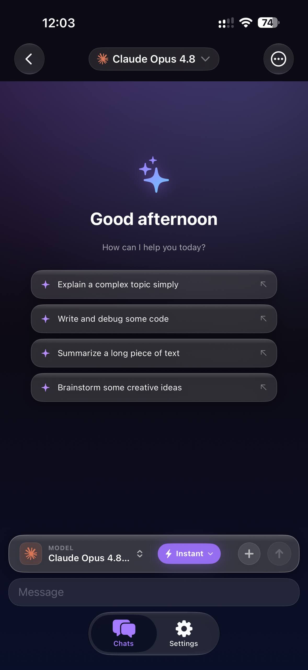 Prismara chat screen with a model selector, reasoning effort control and prompt suggestions