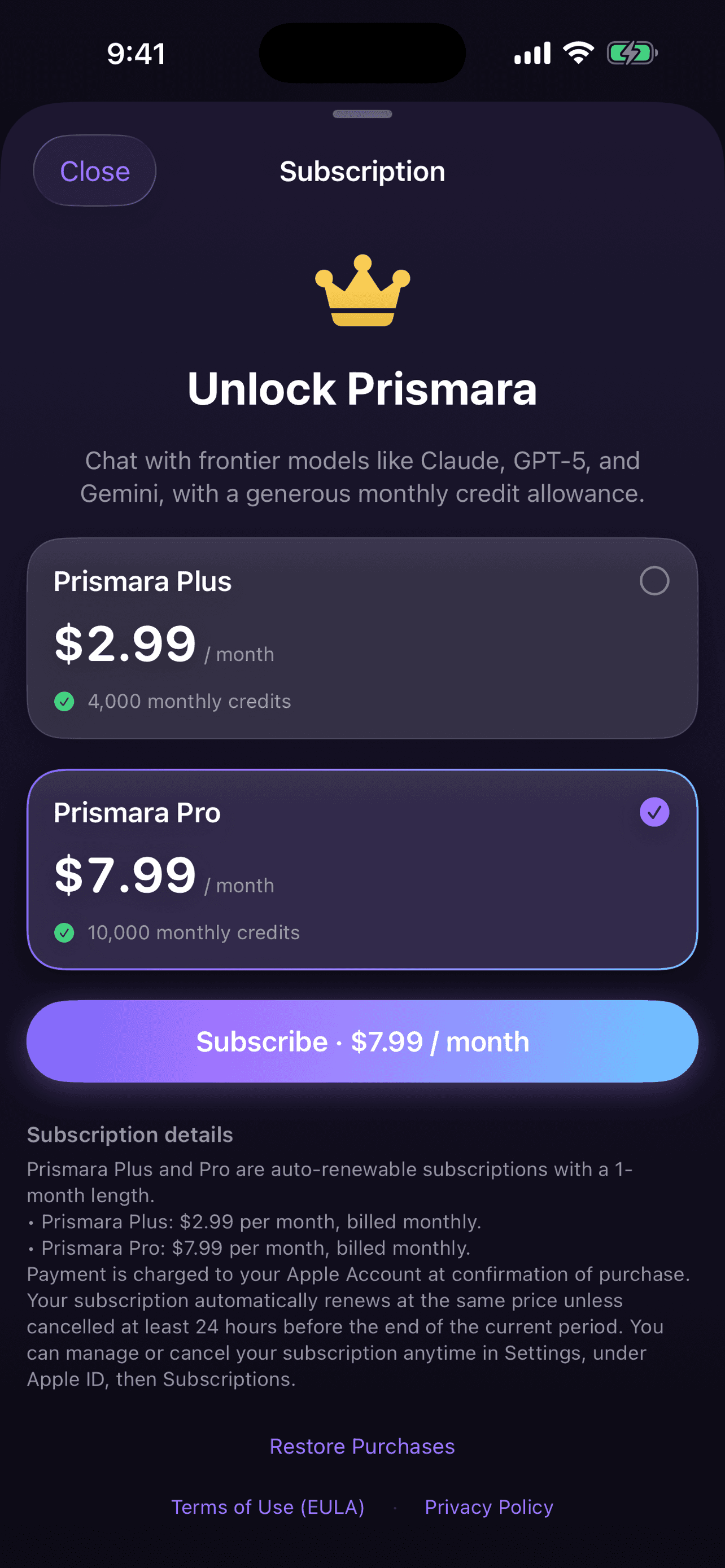 Prismara subscription screen showing Plus at $2.99 per month and Pro at $7.99 per month